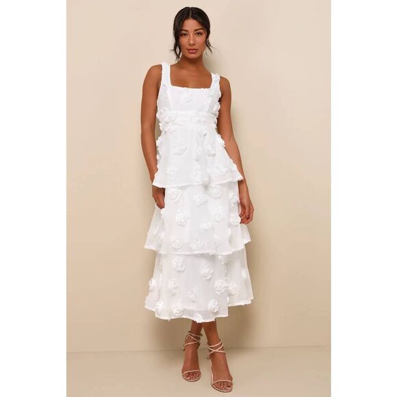 NWT Lulus Exceptional Entrance White Sleeveless Tiered Rosette Midi Dress Small - Picture 1 of 6